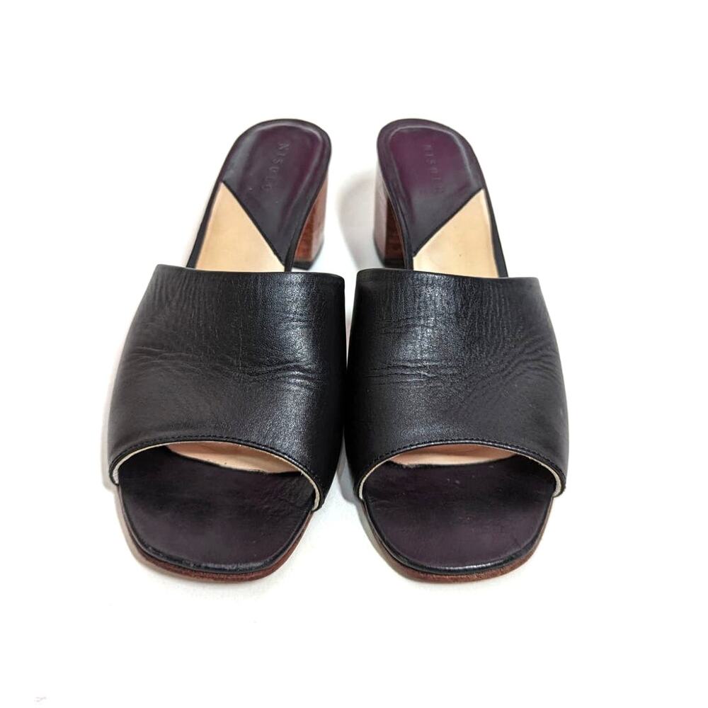 Nisolo Elizabeth Black Leather Slides Block Heel Sandals Open Toe 9.5 Preowned - Picture 6 of 13